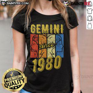 Awesome Gemini Since 1980 retro ladies tee featuring vibrant zodiac design and comfortable fit for astrology fans.