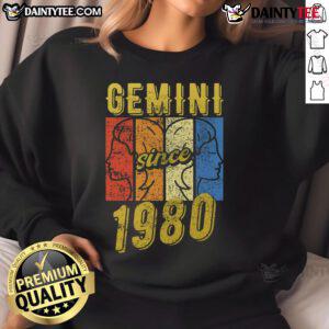 Awesome Gemini Since 1980 retro sweatshirt featuring a stylish design perfect for astrology lovers and fans of vintage fashion.