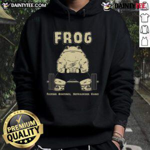 Awesome Gym Frog flexing in a hoodie showcasing outrageous gains and fitness routines for gym enthusiasts.