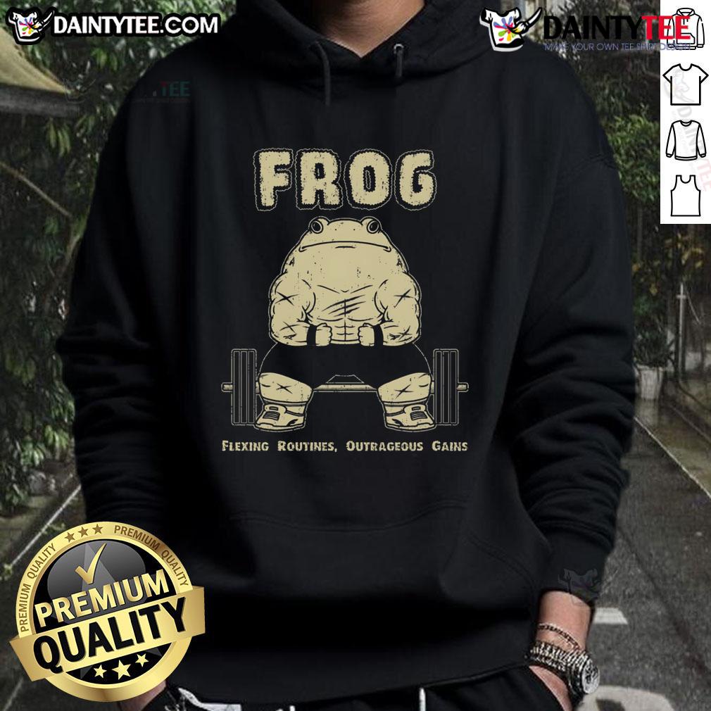 Awesome Gym Frog flexing in a hoodie showcasing outrageous gains and fitness routines for gym enthusiasts.