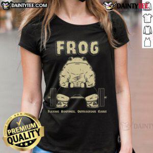 Fit frog flexing in gym, showcasing outrageous gains in ladies tee, perfect for fitness enthusiasts and gym lovers.