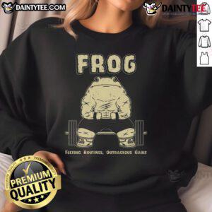 Awesome Gym Frog flexing in a stylish sweatshirt, showcasing outrageous gains and fitness enthusiasm.