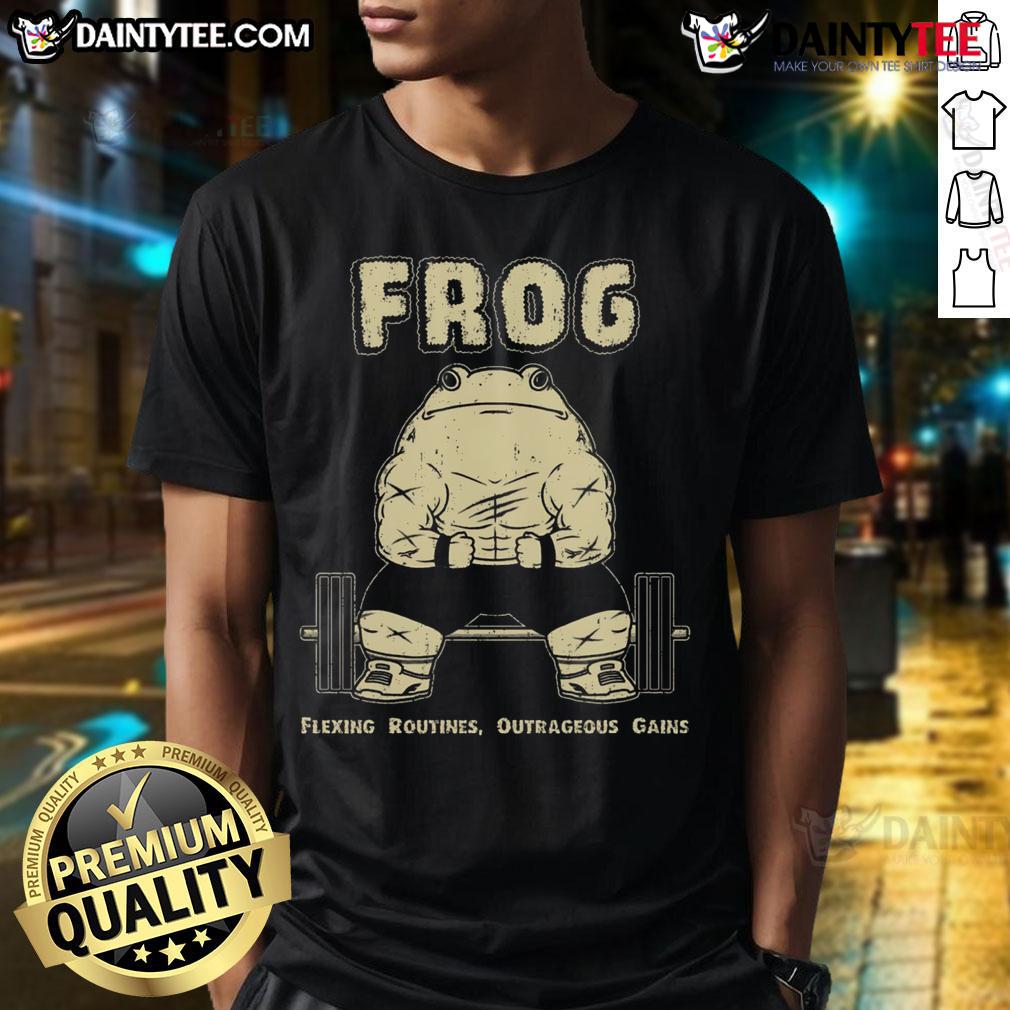 Awesome Gym Frog flexing muscles while wearing an Outrageous Gains T-Shirt, perfect for fitness enthusiasts.