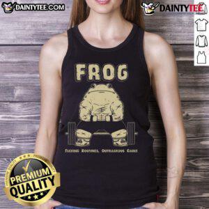 Fit frog flexing in a tank top showcasing awesome gym routines for outrageous gains and fitness motivation.