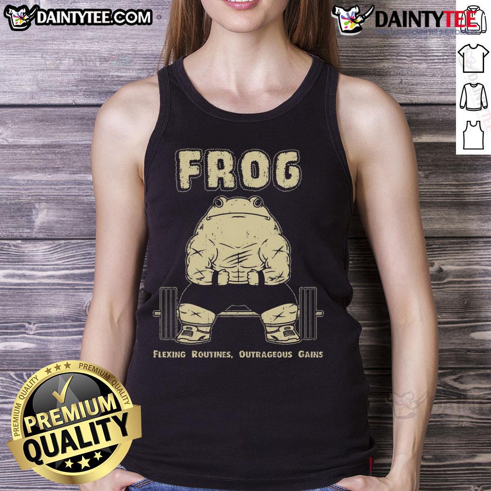 Fit frog flexing in a tank top showcasing awesome gym routines for outrageous gains and fitness motivation.