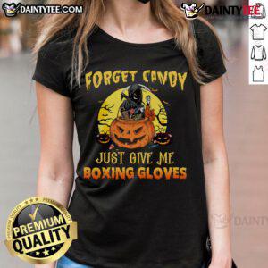 Alt Text: Awesome Halloween Grim Reaper tee for ladies: 'Forget Candy, Just Give Me Boxing Gloves' design.