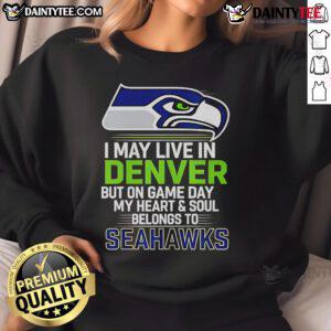 Seattle Seahawks sweatshirt with bold text, perfect for Denver fans showing team spirit on game day.