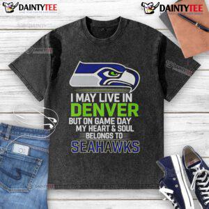 Alt Text: Seattle Seahawks washed t-shirt, perfect for fans in Denver showcasing loyalty on game day.