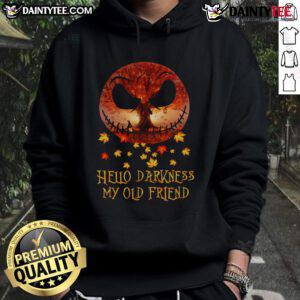 Awesome Jack Skellington hoodie featuring 'Hello Darkness My Old Friend' design, perfect for autumn and Halloween celebrations.