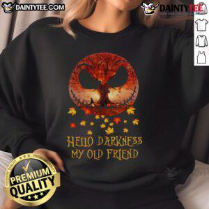 Awesome Jack Skellington Halloween sweatshirt featuring 'Hello Darkness My Old Friend' design, perfect for autumn festivities.