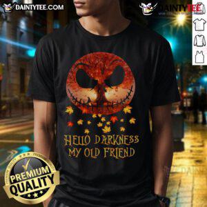 Awesome Jack Skellington Hello Darkness My Old Friend Autumn Halloween T-Shirt featuring a spooky design for Halloween lovers.