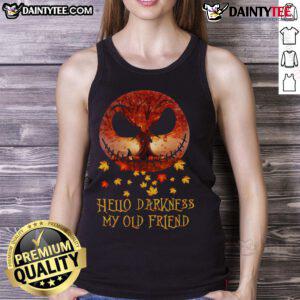 Awesome Jack Skellington tank top featuring 'Hello Darkness My Old Friend' design, perfect for autumn Halloween festivities.