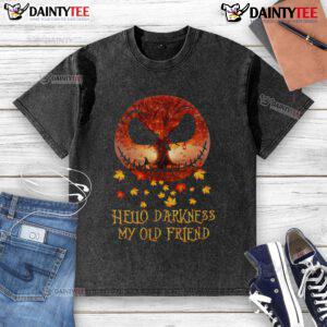 Awesome Jack Skellington 'Hello Darkness My Old Friend' autumn Halloween washed t-shirt displayed on a hanger.