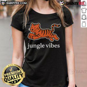 Awesome Jungle Vibes Run Wild Tiger Ladies Tee featuring a vibrant tiger graphic on a stylish women's t-shirt.