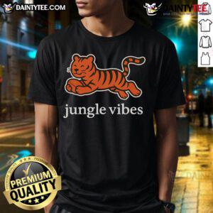 Awesome Jungle Vibes Run Wild Tiger T-Shirt featuring a vibrant tiger graphic in a lush jungle setting.