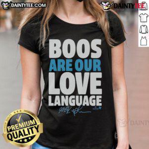 Awesome Max Kepler 'Boos Are Our Love Language' ladies tee featuring stylish design and vibrant colors for fans.