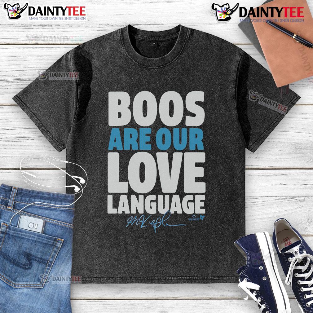 Awesome Max Kepler 'Boos Are Our Love Language' washed t-shirt in casual style, perfect for baseball fans and comfort.
