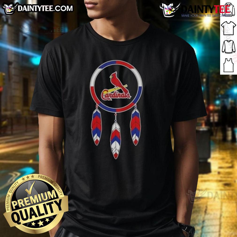Alt Text: Awesome Native American Indians X St. Louis Cardinals Baseball T-Shirt featuring vibrant graphics and team colors.