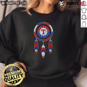 Alt Text: Awesome Native American Indians X Texas Rangers baseball sweatshirt featuring vibrant graphics and comfortable design.