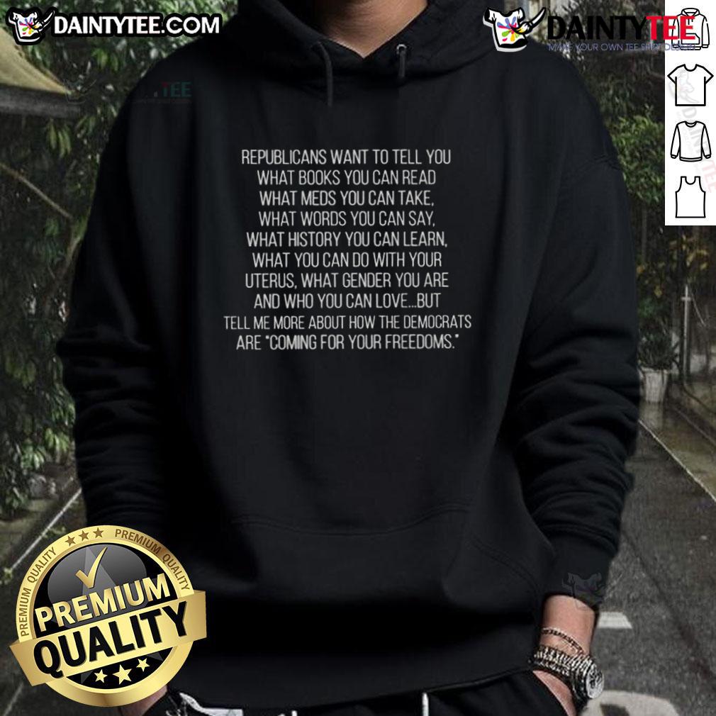 Awesome Republicans hoodie featuring bold text on book and medication restrictions, perfect for political statement wear.
