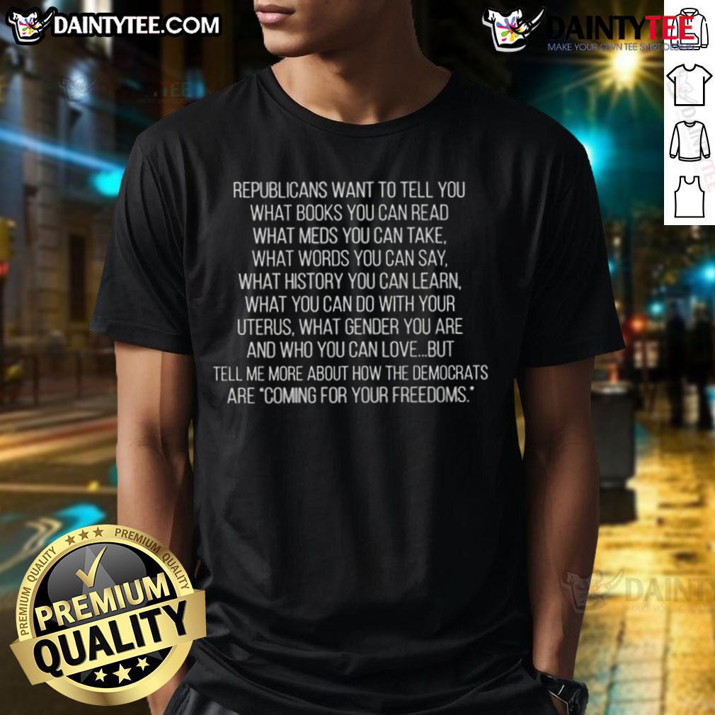 Awesome Republicans T-Shirt displaying a message about book and medication choices, perfect for political enthusiasts.