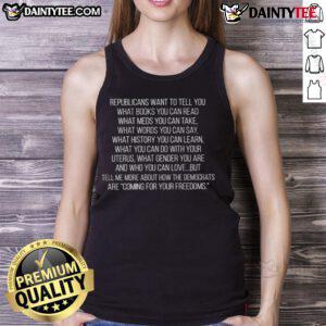 Awesome Republicans tank top featuring a bold statement about book and medication choices.