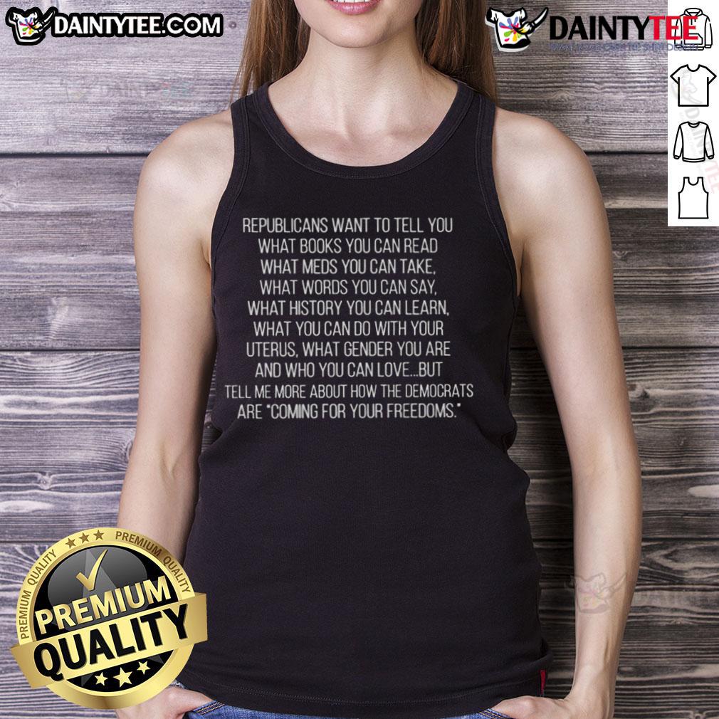Awesome Republicans tank top featuring a bold statement about book and medication choices.