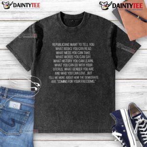Washed t-shirt featuring 'Awesome Republicans Want to Tell You What Books You Can Read' graphic design.