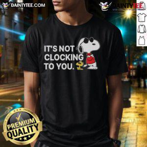 Alt Text: Awesome Snoopy and Woodstock 'It's You Clocking To You' T-Shirt featuring colorful graphics and playful design.