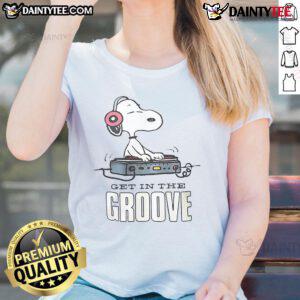 Alt Text: Awesome Snoopy DJ Get In The Groove Ladies Tee featuring Snoopy as a DJ, perfect for music lovers and Peanuts fans.