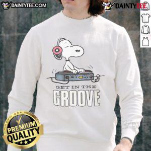 Alt Text: Awesome Snoopy DJ Get In The Groove Sweatshirt featuring Snoopy as a DJ with vibrant colors and fun design.