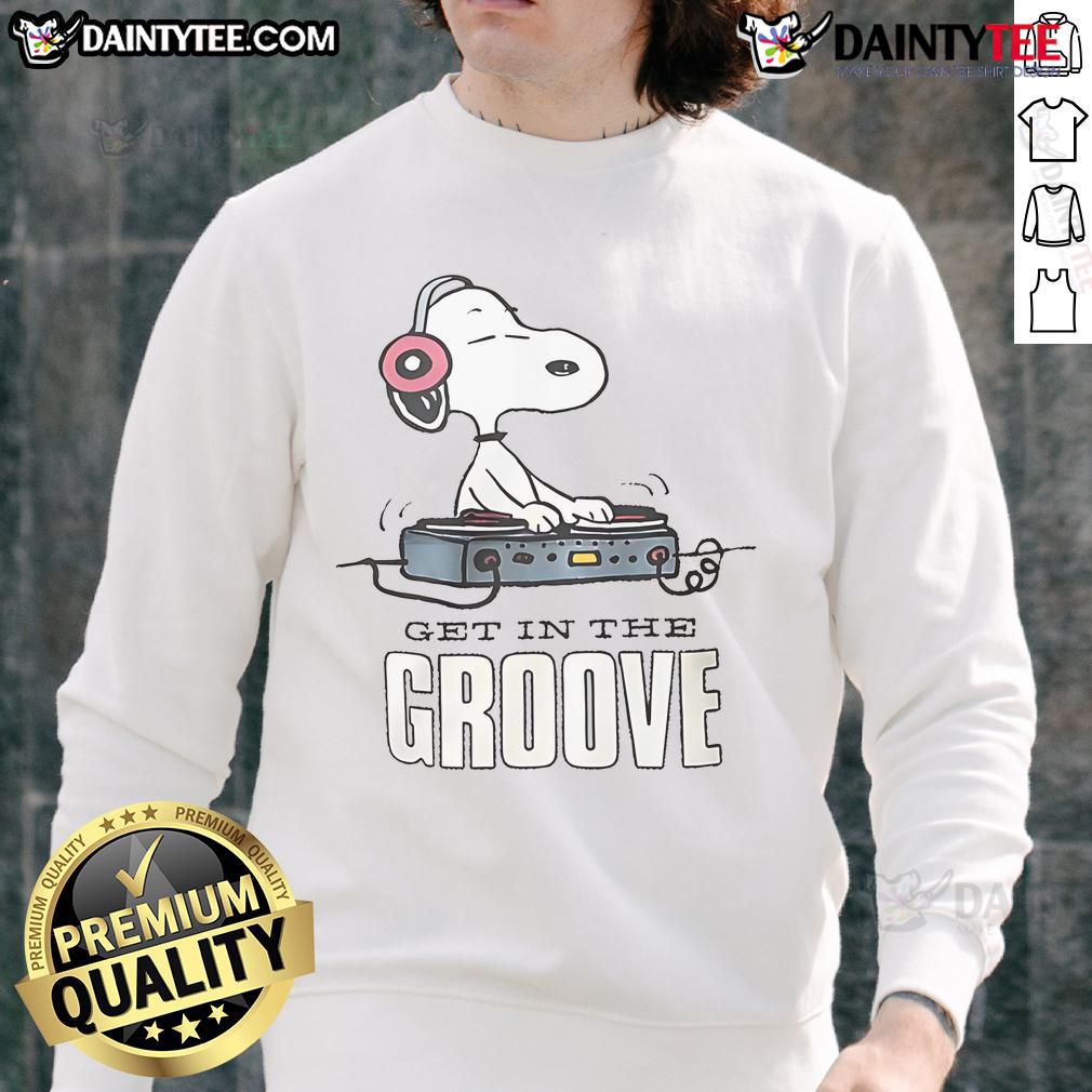 Alt Text: Awesome Snoopy DJ Get In The Groove Sweatshirt featuring Snoopy as a DJ with vibrant colors and fun design.