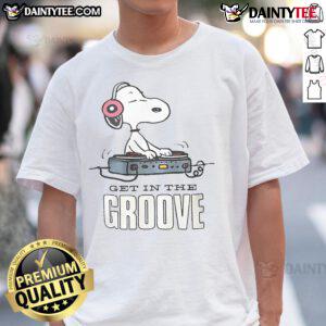 Alt Text: Awesome Snoopy DJ Get In The Groove T-Shirt featuring Snoopy as a DJ with colorful music elements. Perfect for music lovers!