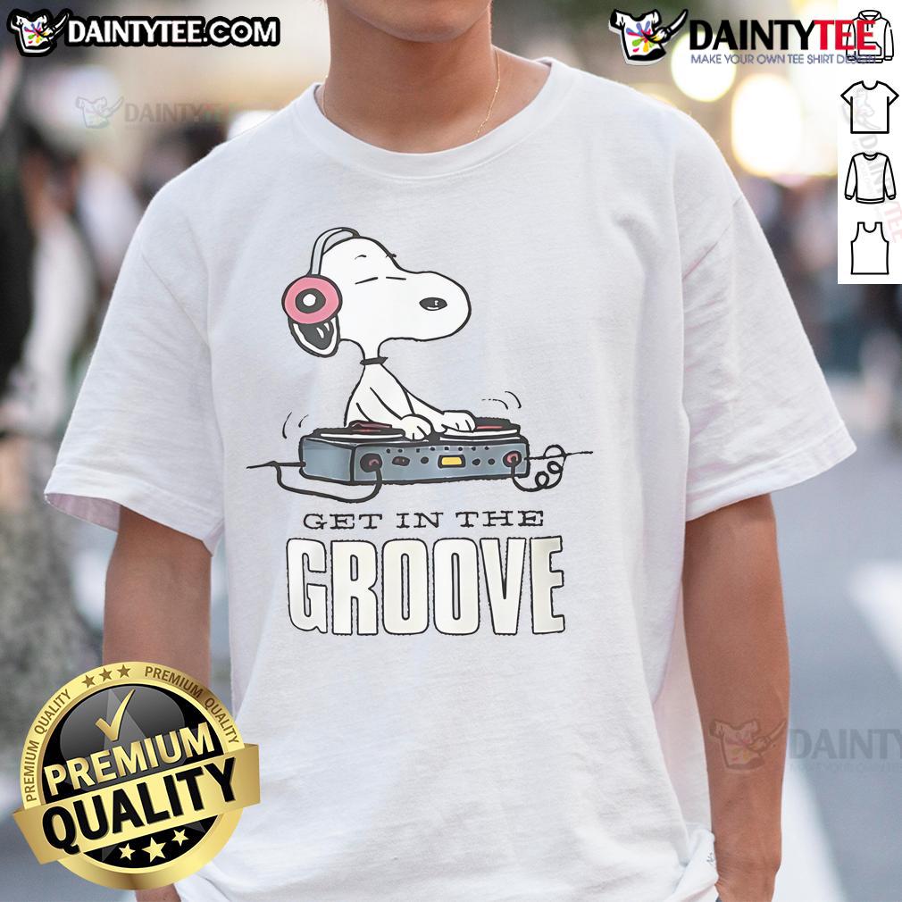 Alt Text: Awesome Snoopy DJ Get In The Groove T-Shirt featuring Snoopy as a DJ with colorful music elements. Perfect for music lovers!