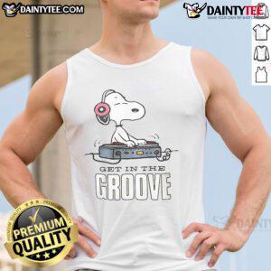 Alt Text: Awesome Snoopy DJ Get In The Groove Tank Top featuring a fun Snoopy graphic perfect for music lovers and summer wear.