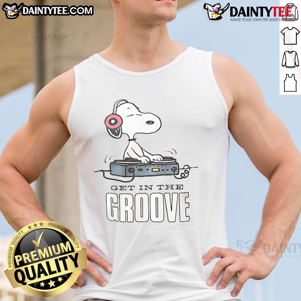 Alt Text: Awesome Snoopy DJ Get In The Groove Tank Top featuring a fun Snoopy graphic perfect for music lovers and summer wear.