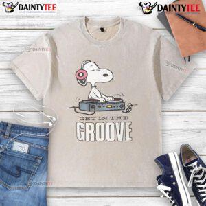Alt Text: Awesome Snoopy DJ Get In The Groove washed t-shirt featuring Snoopy with DJ headphones and vibrant colors.