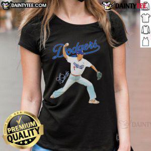 Awesome V BTS x Los Angeles Dodgers baseball tee featuring a stylish throwing position signature for ladies.