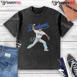 Alt Text: Awesome V BTS x Los Angeles Dodgers t-shirt featuring a baseball throwing position design, perfect for fans.
