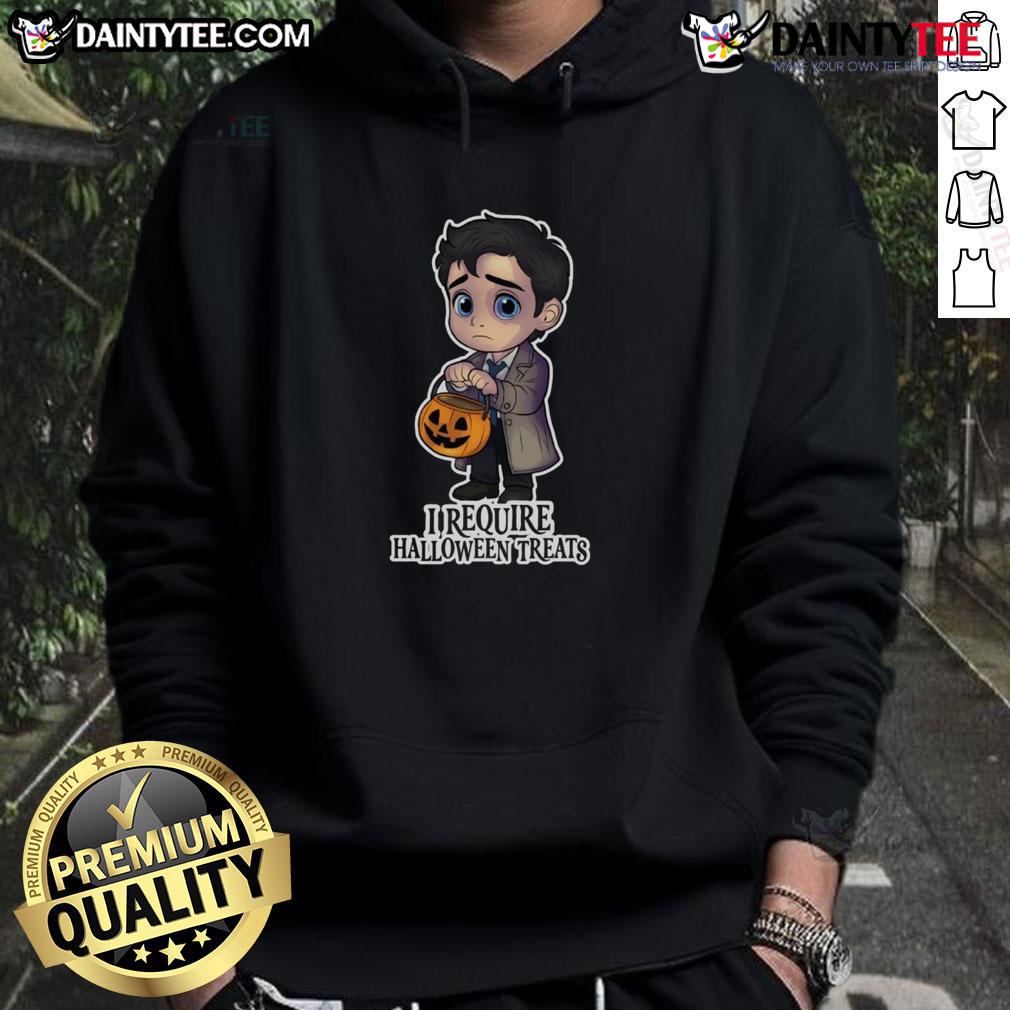 Alt Text: Cute Convection Directive I Require Halloween Treats hoodie featuring playful graphics and vibrant colors for festive style.