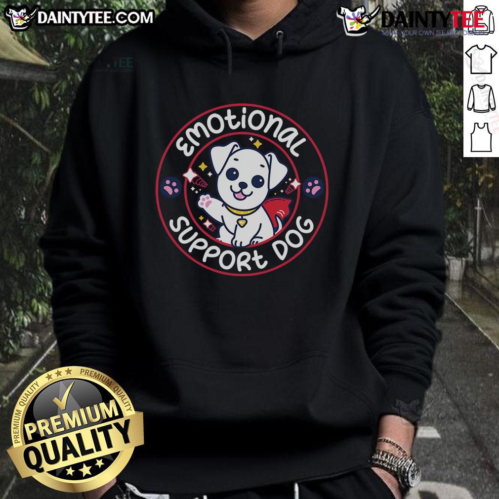 Alt Text: Adorable emotional support dog wearing a cozy hoodie, showcasing comfort and style for pet lovers.