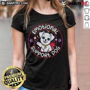 Cute emotional support dog ladies tee featuring a playful dog graphic, perfect for dog lovers and casual wear enthusiasts.