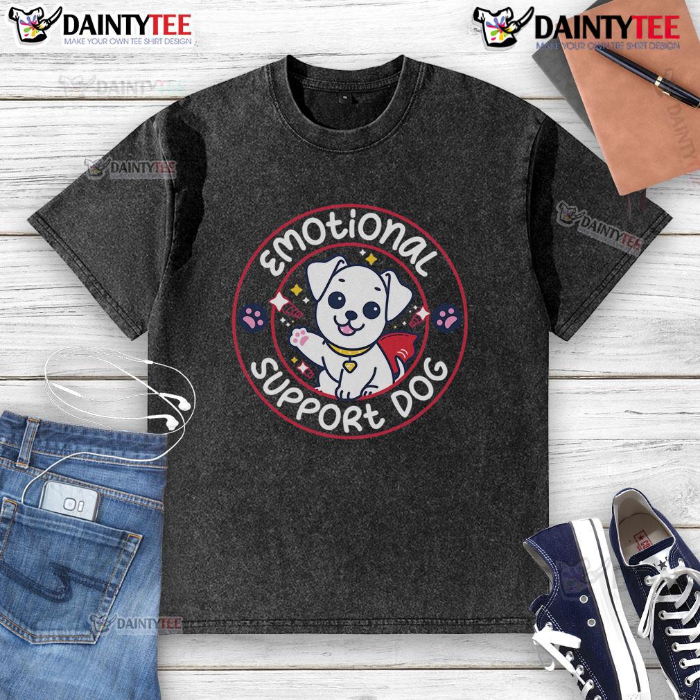 Cute emotional support dog in a washed t-shirt, showcasing its friendly personality and comforting presence.