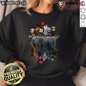 Adorable baby wearing a Cute Horror Movie Villains Halloween sweatshirt, reflecting playful spooky vibes.
