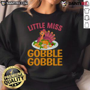 Cute little Miss Gobble Gobble Thanksgiving turkey sweatshirt in vibrant colors, perfect for festive fall celebrations.