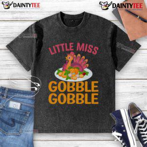 Alt Text: Cute little Miss Gobble Gobble Thanksgiving turkey design on a washed t-shirt, perfect for festive fall celebrations.