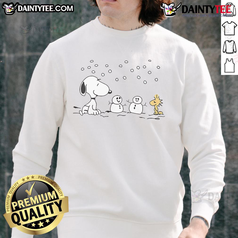 Alt Text: Cute Peanuts Snoopy and Woodstock winter snowman sweatshirt featuring colorful graphics in a cozy design.