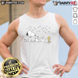 Cute Peanuts Snoopy and Woodstock winter snowman tank top design featuring festive characters in snowy scene.