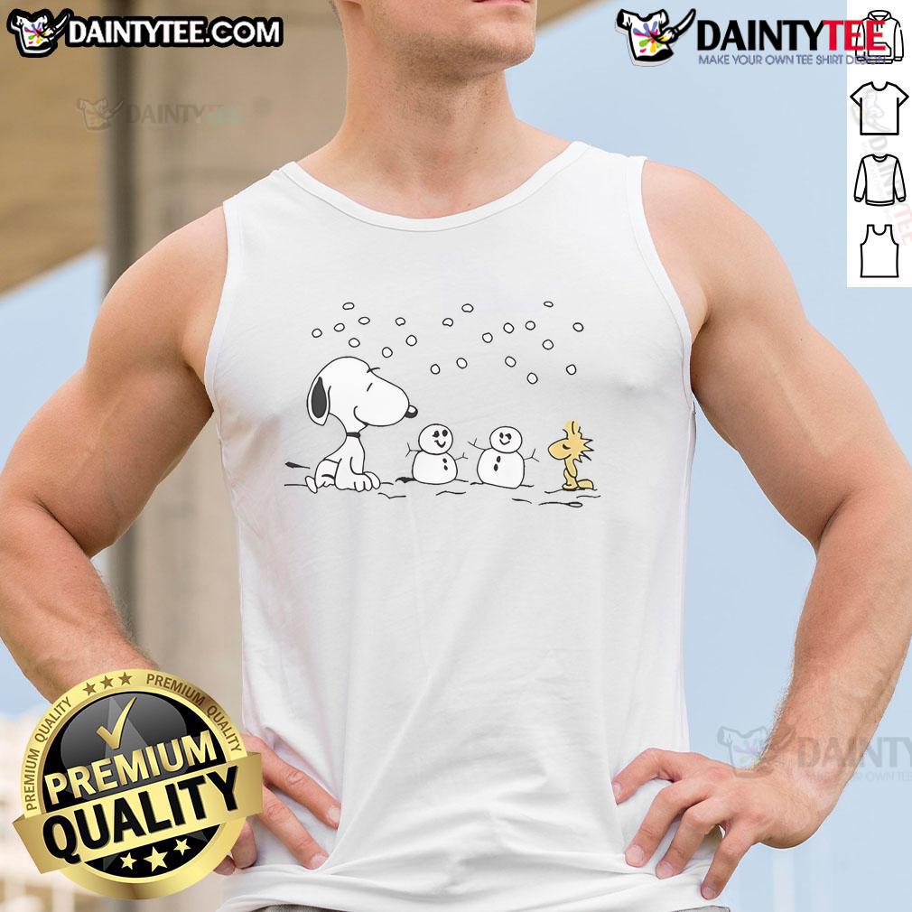 Cute Peanuts Snoopy and Woodstock winter snowman tank top design featuring festive characters in snowy scene.