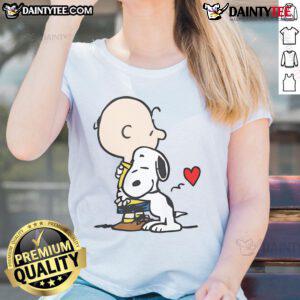 Cute Peanuts Snoopy hug ladies tee featuring Snoopy and Woodstock in a heartwarming design for fans.